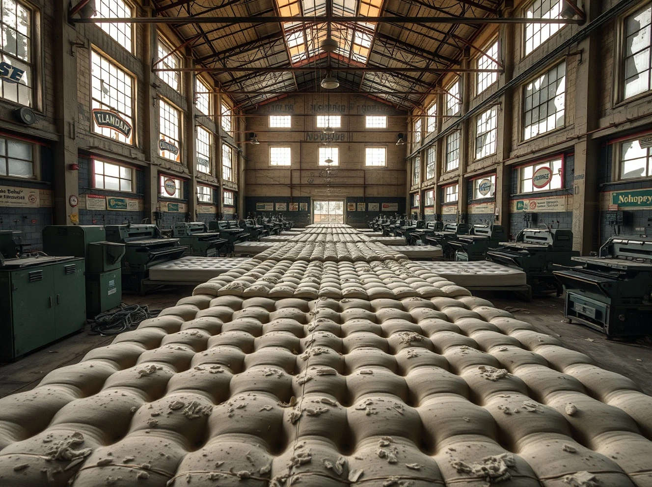 Historic mattress company factory closure showing abandoned manufacturing equipment and empty production floor