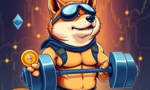 Maxi DOGE meme coin featuring jacked Shiba Inu lifting cryptocurrency weights against Ethereum blockchain background