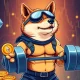 Maxi DOGE meme coin featuring jacked Shiba Inu lifting cryptocurrency weights against Ethereum blockchain background