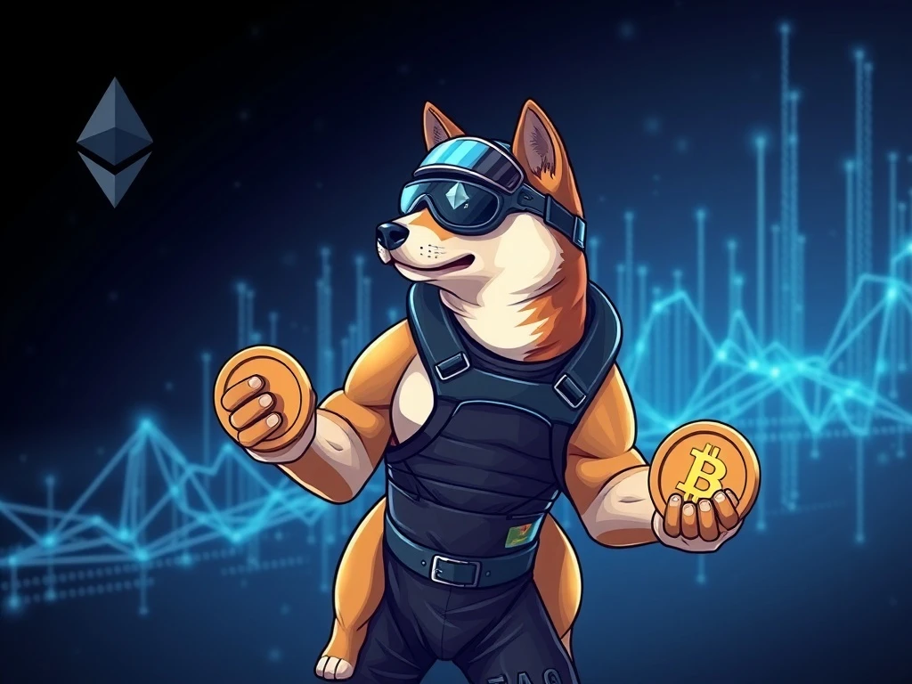 Maxi DOGE meme coin featuring jacked Shiba Inu lifting cryptocurrency weights against Ethereum blockchain background
