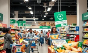 Membership-based grocery store interior showing shoppers enjoying exclusive savings and bulk products