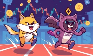 Meme coin rivalry between Dogecoin and LILPEPE showing competitive cryptocurrency race