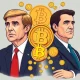 Political figures and cryptocurrency symbols merging in memecoin market analysis illustration