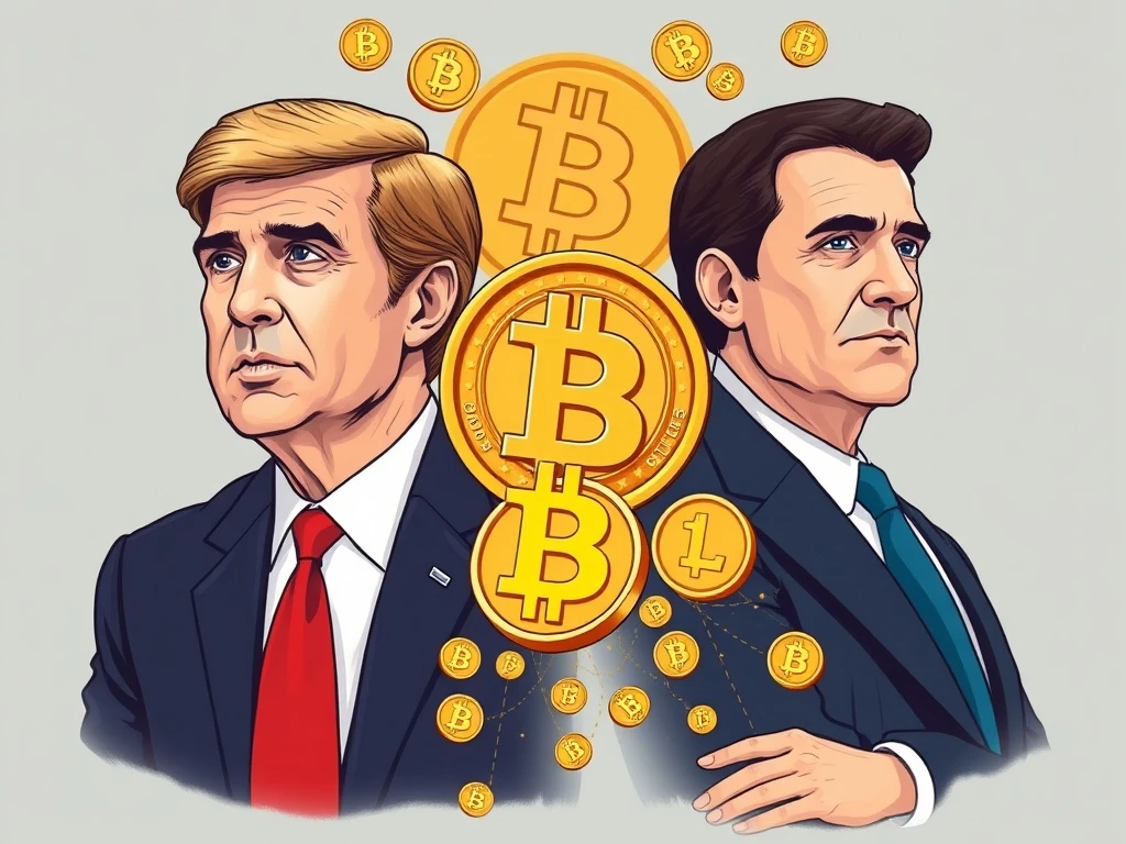 Political figures and cryptocurrency symbols merging in memecoin market analysis illustration