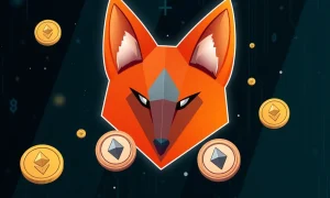 MetaMask token transformation from wallet logo to cryptocurrency coins with blockchain network background