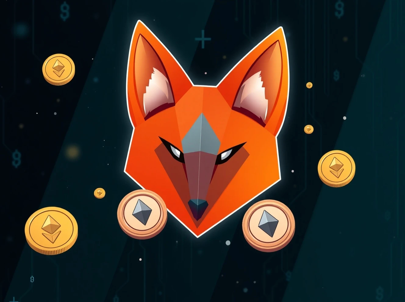 MetaMask token transformation from wallet logo to cryptocurrency coins with blockchain network background