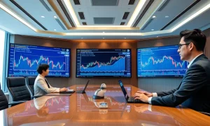 Corporate Bitcoin acquisition strategy meeting with investment charts and data visualization