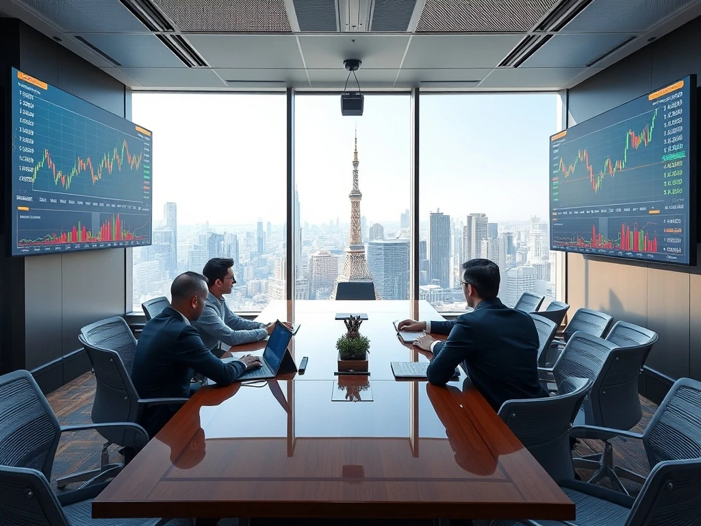 Corporate Bitcoin financing strategy meeting with financial data displays