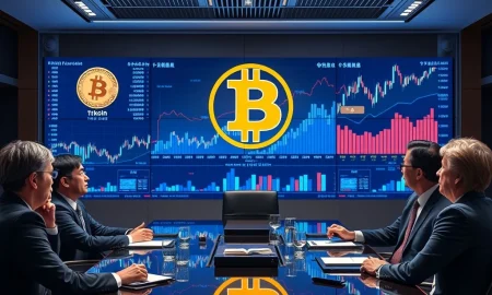 Corporate Bitcoin strategy meeting in Tokyo boardroom with digital charts showing BTC accumulation plans