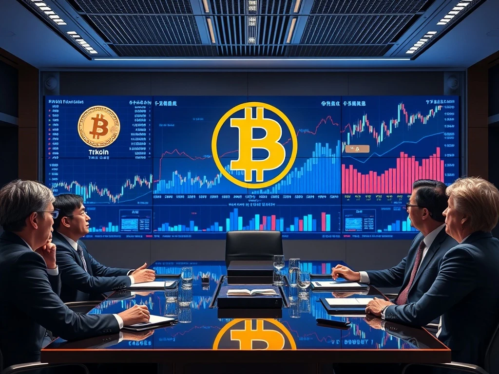Corporate Bitcoin strategy meeting in Tokyo boardroom with digital charts showing BTC accumulation plans