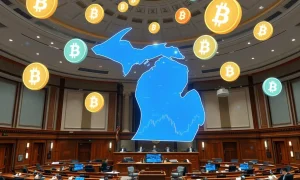 Michigan state government building with crypto reserve investment charts and digital currency symbols displayed