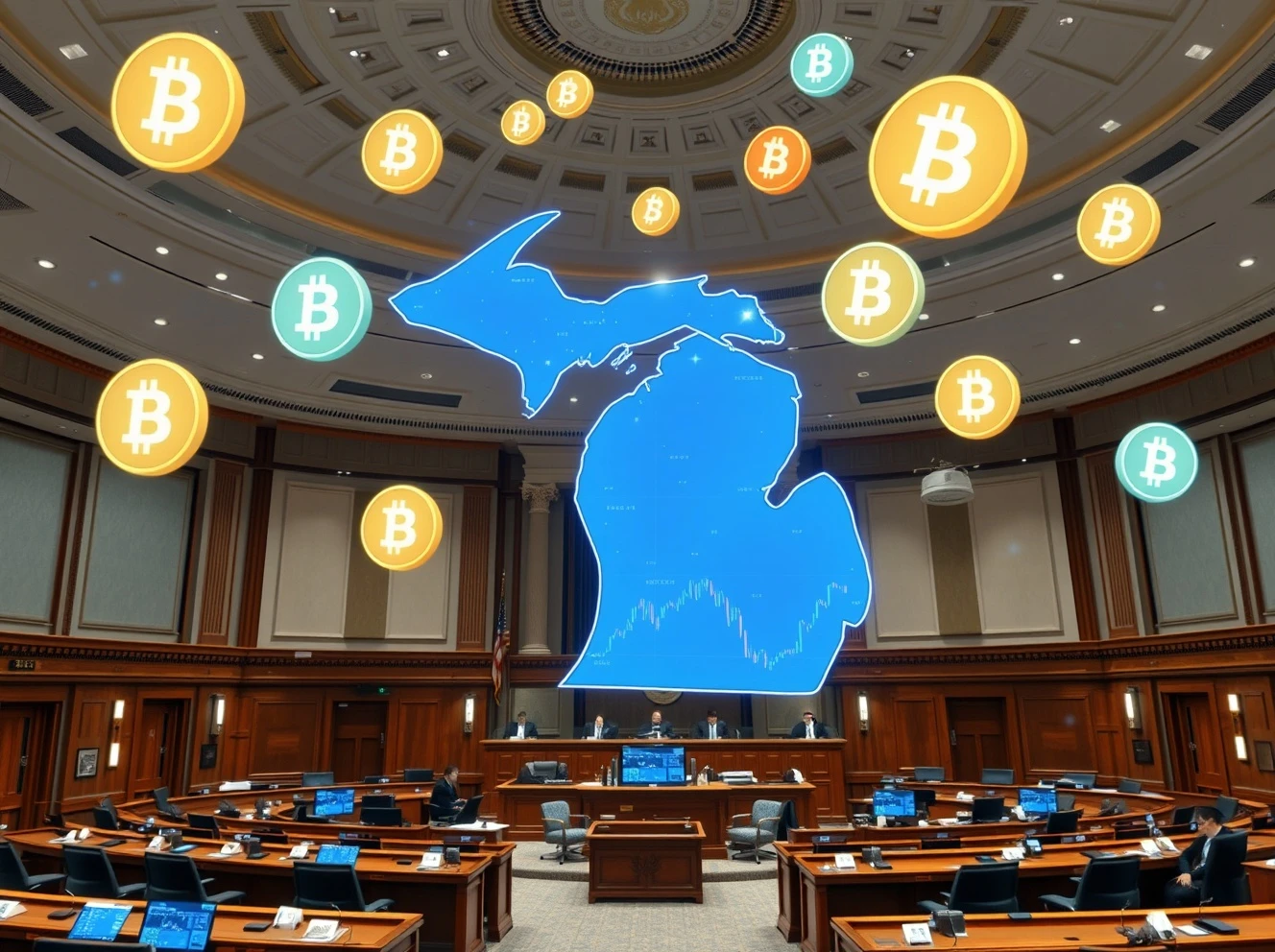 Michigan state government building with crypto reserve investment charts and digital currency symbols displayed