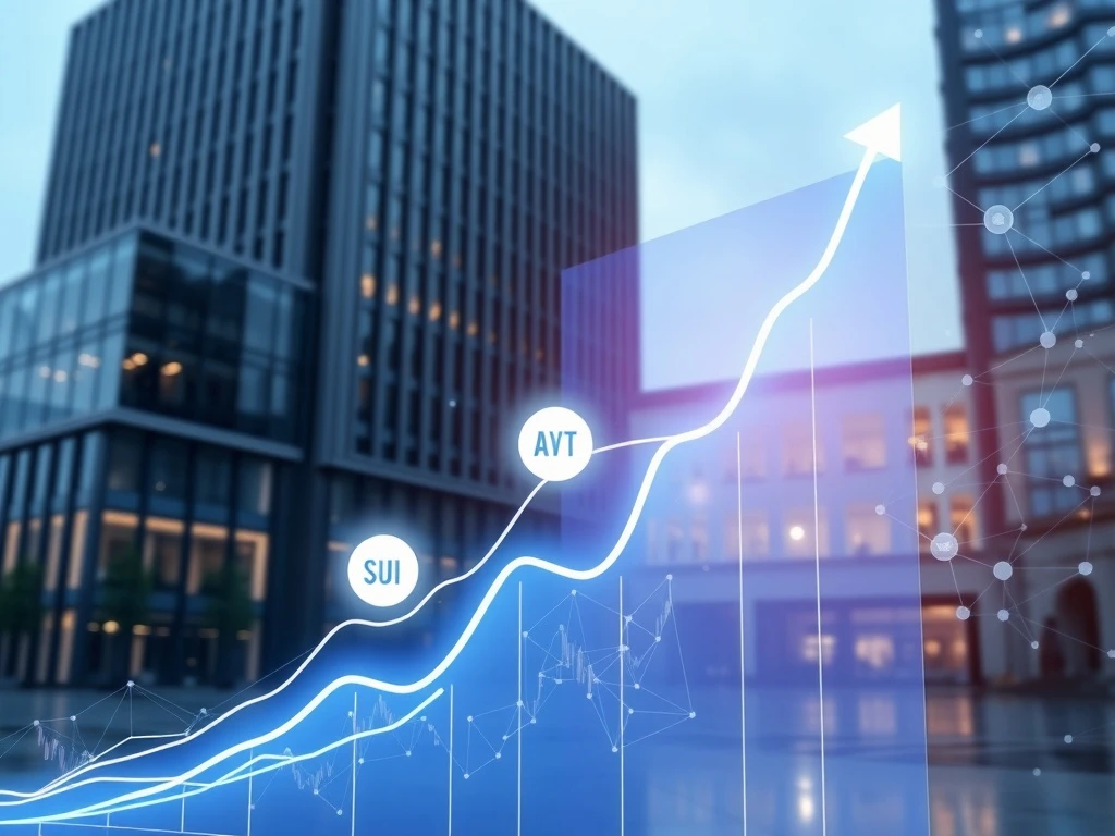 Mid-cap altcoins AVAX SUI APT institutional adoption growth chart with blockchain network background