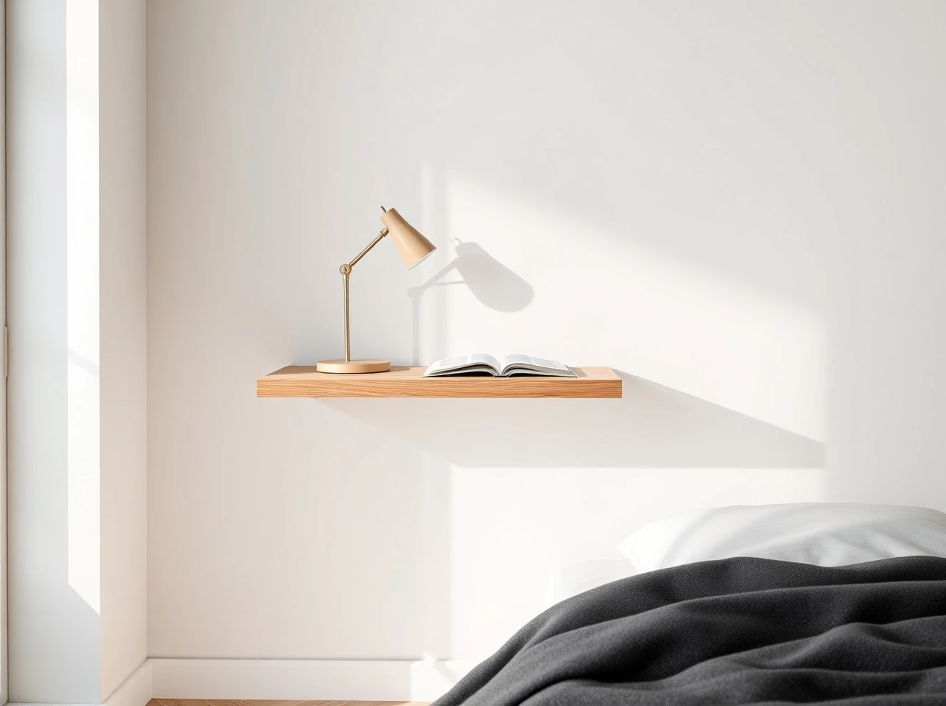 Modern floating bedside table providing elegant storage while saving floor space in contemporary bedroom