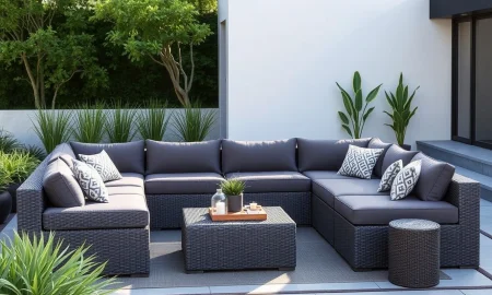 A comfortable modular patio sectional set up in a backyard, highlighting its versatility and the incredible Walmart deal.
