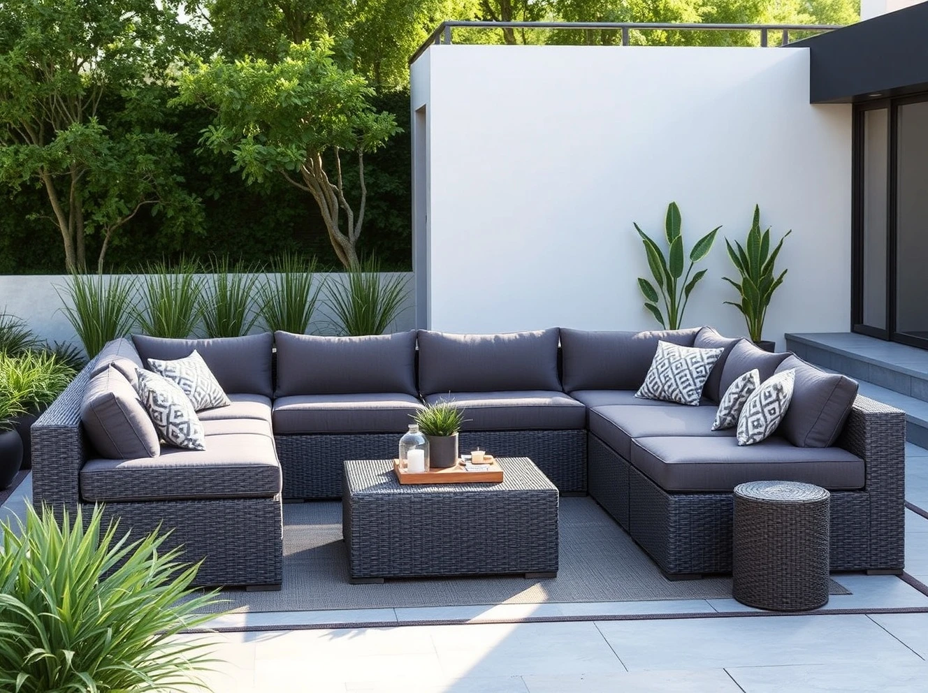 A comfortable modular patio sectional set up in a backyard, highlighting its versatility and the incredible Walmart deal.