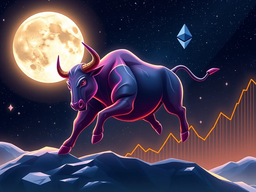 MoonBull crypto project showing bull charging toward moon with Ethereum blockchain background