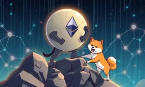 MoonBull cryptocurrency outperforming Shiba Inu with Ethereum blockchain technology background