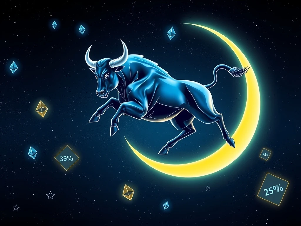MoonBull $MOBU cryptocurrency whitelist strategy showing bull jumping over moon with Ethereum blockchain background