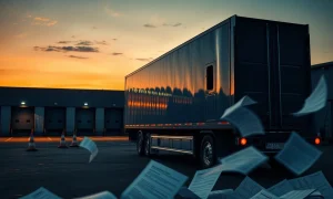 Semi-truck company filing Chapter 11 bankruptcy with financial documents scattered at empty loading dock