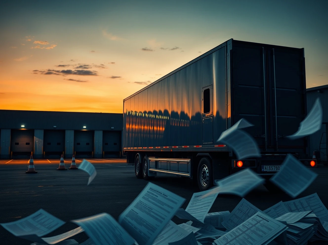 Semi-truck company filing Chapter 11 bankruptcy with financial documents scattered at empty loading dock