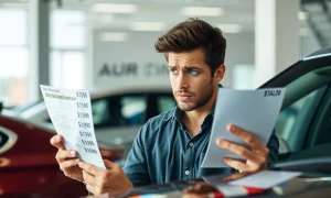 Concerned new car buyers analyzing market data and vehicle pricing information