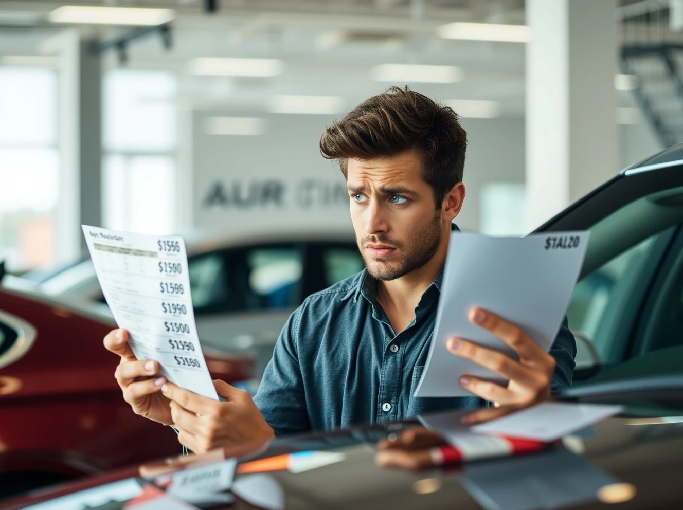 Concerned new car buyers analyzing market data and vehicle pricing information