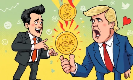 Political meme coin battle between Newsom and Trump tokens with cryptocurrency market charts