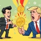 Political meme coin battle between Newsom and Trump tokens with cryptocurrency market charts