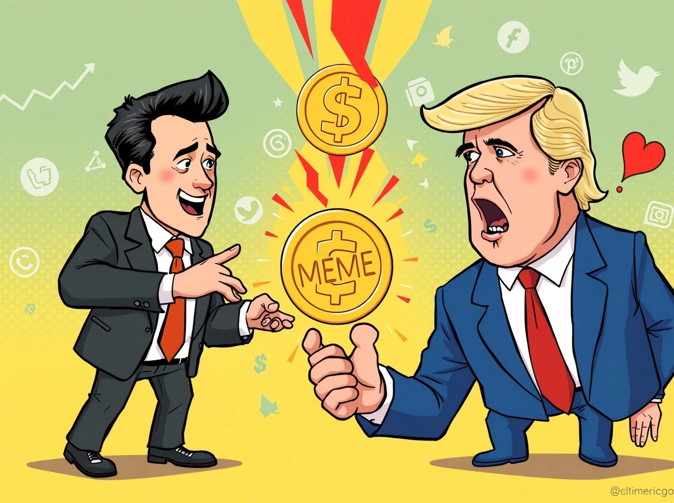 Political meme coin battle between Newsom and Trump tokens with cryptocurrency market charts