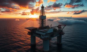 North Sea oil and gas rig during extraction operations at sunset
