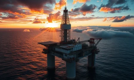 North Sea oil and gas rig during extraction operations at sunset
