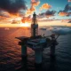 North Sea oil and gas rig during extraction operations at sunset