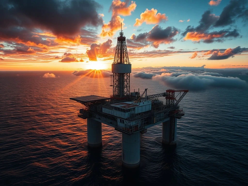 North Sea oil and gas rig during extraction operations at sunset