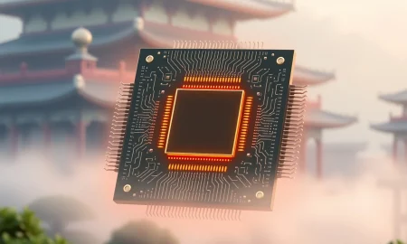 A visual representation of the Nvidia China problem, showing a complex microchip with Chinese design motifs, symbolizing geopolitical challenges and trade restrictions.