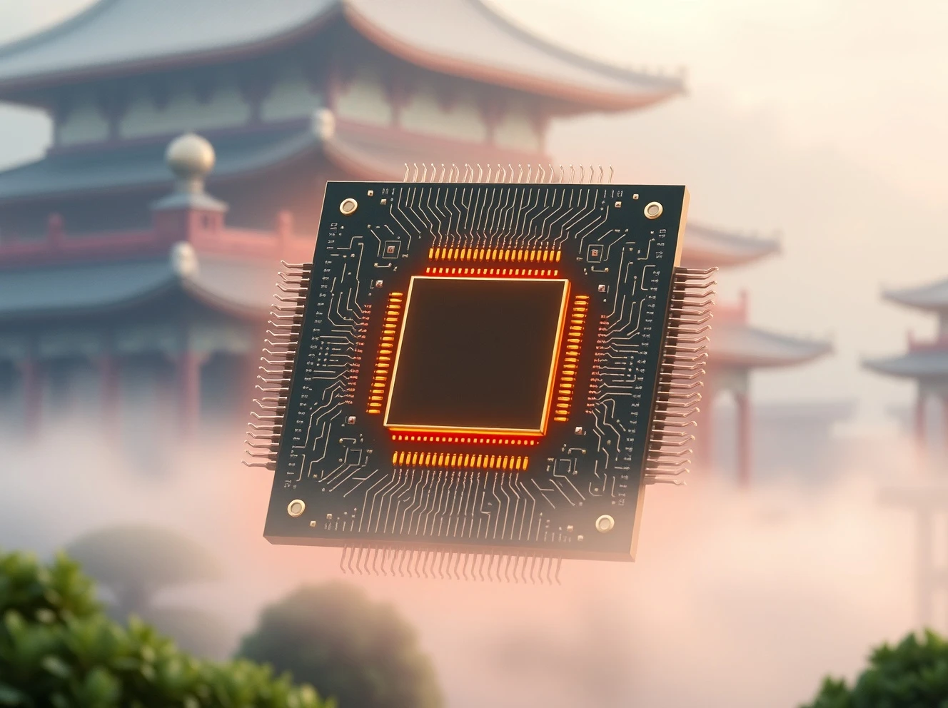 A visual representation of the Nvidia China problem, showing a complex microchip with Chinese design motifs, symbolizing geopolitical challenges and trade restrictions.