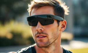 Athlete wearing Oakley Meta Vanguard smart glasses during intense workout with integrated AI technology