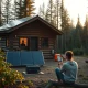 Peaceful off-grid living scene with sustainable energy solutions in natural setting