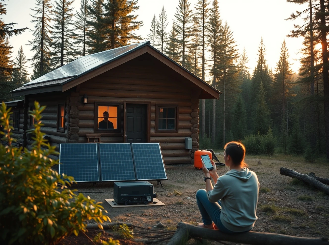 Peaceful off-grid living scene with sustainable energy solutions in natural setting