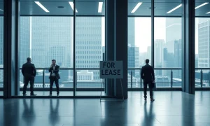 Business professionals facing office space shortage outside modern commercial building