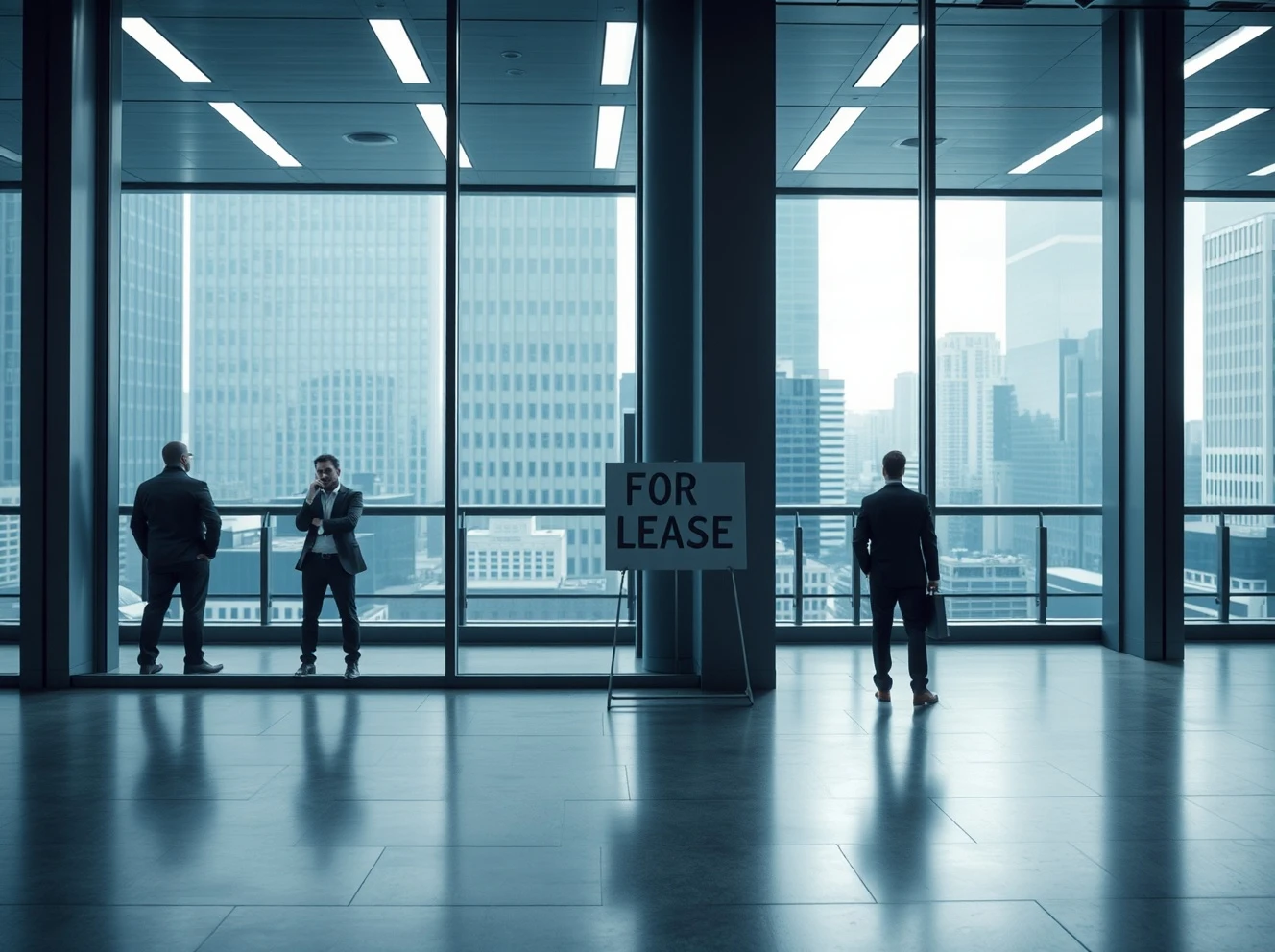 Business professionals facing office space shortage outside modern commercial building