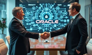 Oracle co-CEO leadership transition meeting in modern boardroom with AI infrastructure visualization