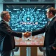 Oracle co-CEO leadership transition meeting in modern boardroom with AI infrastructure visualization