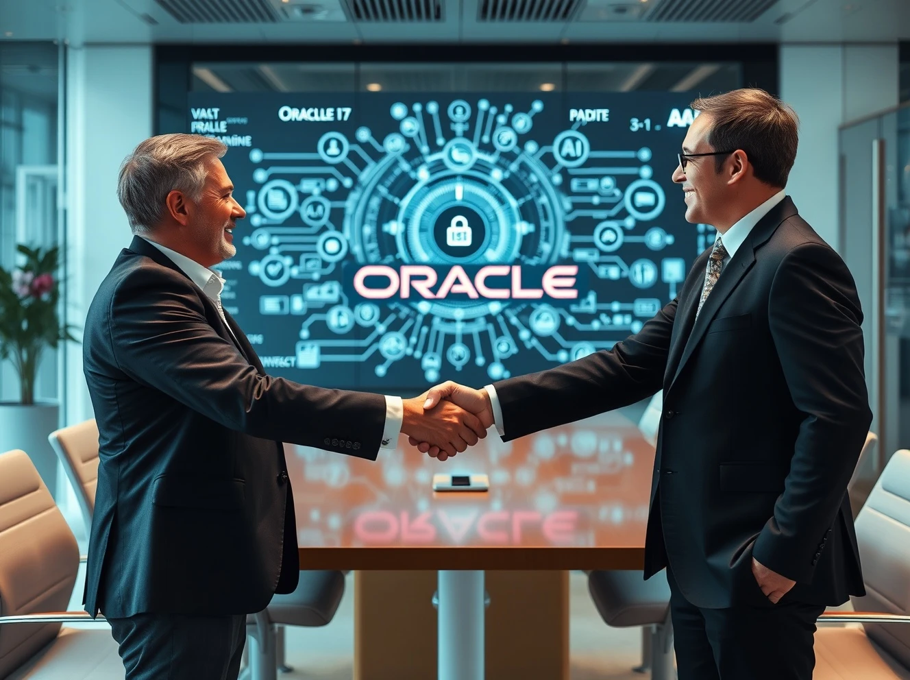 Oracle co-CEO leadership transition meeting in modern boardroom with AI infrastructure visualization