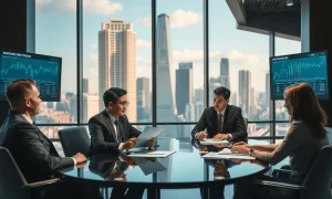 Paramount Skydance megadeal announcement with executives and financial documents in corporate setting