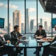 Paramount Skydance megadeal announcement with executives and financial documents in corporate setting