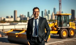 Business leader discussing paving business strategy at construction site