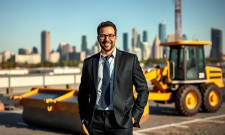 Business leader discussing paving business strategy at construction site
