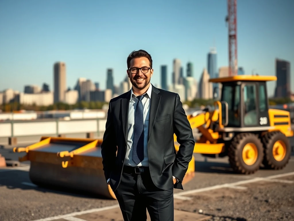 Business leader discussing paving business strategy at construction site