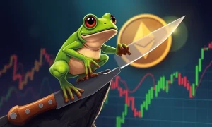 PEPE meme coin balancing on knife edge between massive rally and catastrophic collapse over cryptocurrency charts